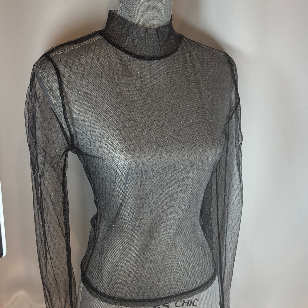 Emory Park Sheer Black Long-Sleeve Mesh Mock Neck Top Size -M